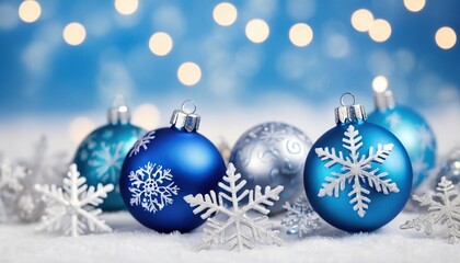 Blue christmas balls with snowflakes on bokeh background