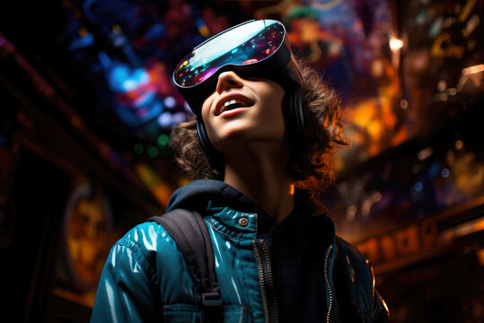 Laughing teenage boy wearing virtual reality glasses playing video games with a virtual reality headset