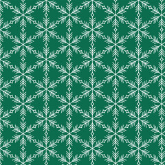 Winter green background with white snowflakes. Winter repeat pattern. Seamless pattern.