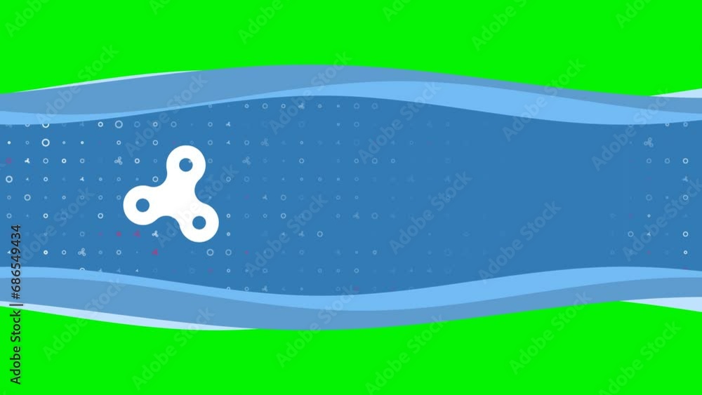 Poster animation of blue banner waves movement with white spinner symbol on the left. on the background the