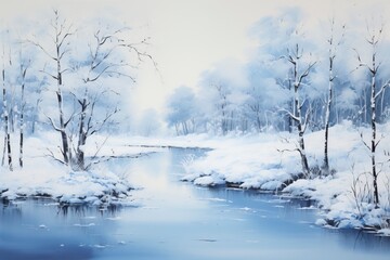 A monochromatic blue painting of a winter landscape with generative ai