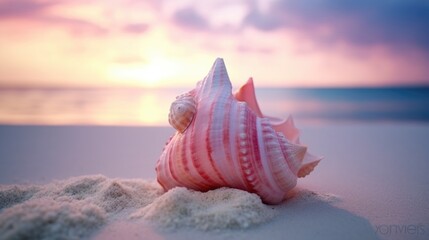 Obraz na płótnie Canvas Pink Seashell on Sandy Beach Tropical Ocean View.