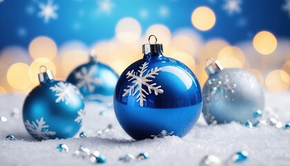 Fototapeta premium Blue christmas balls with snowflakes on bokeh background
