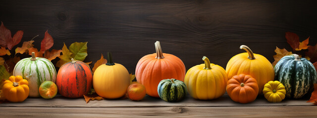 autumn scene with pumpkins on a wooden table. Autumn background with copy space.