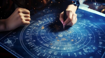 female hands draw a natal chart, fortune teller,