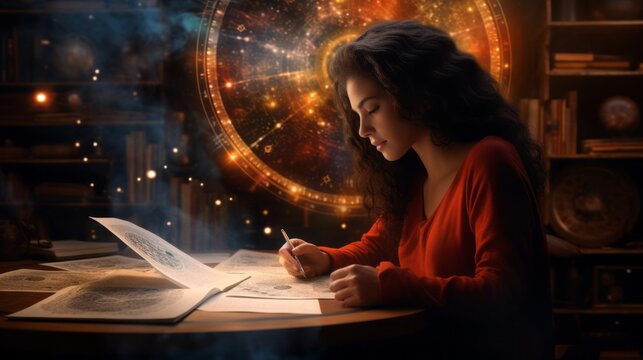 woman draws a natal chart, astrology