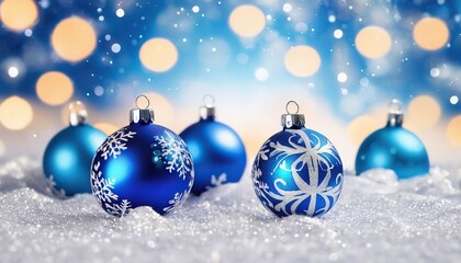 Fototapeta premium Blue christmas balls with snowflakes on bokeh background