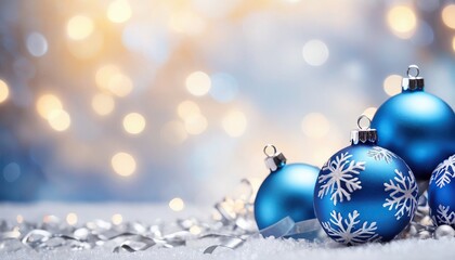 Blue christmas balls with snowflakes on bokeh background