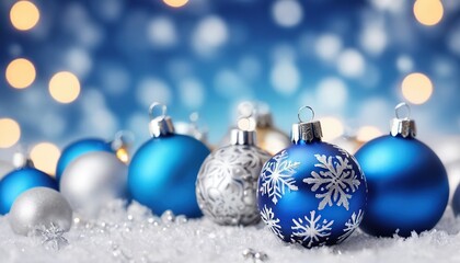 Fototapeta na wymiar Blue christmas balls with snowflakes on bokeh background