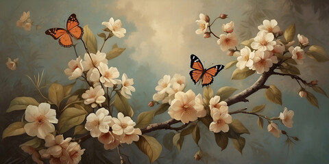 oil painting in vintage style, a landscape of forest tree branches with flowers, fruits and butterflies