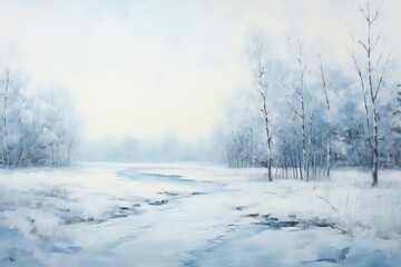 A monochromatic blue painting of a winter landscape with generative ai