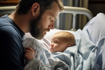 Obraz premium Touching portrait of a caring father tending to his unwell child, lying in the hospital.