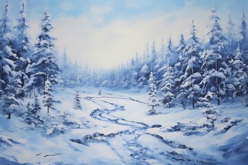 Naklejka premium A monochromatic blue painting of a winter landscape with generative ai