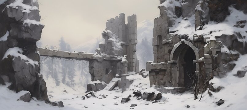 Fantasy stone castle fortress long abandoned and in ruins - freezing cold winter snow mountain highlands - role playing RPG landscape painted scene.    