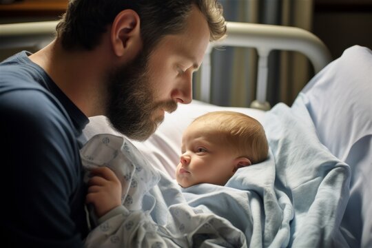 Touching portrait of a caring father tending to his unwell child, lying in the hospital.
