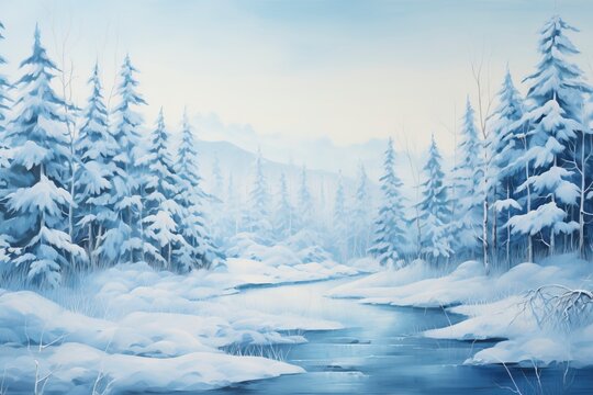 A monochromatic blue painting of a winter landscape with generative ai