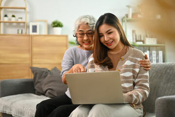 Happy mature mother and adult daughter using laptop surfing internet or shopping via internet at home