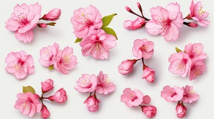 Set of collection: colorful Japanese cherry blossoms on a white background