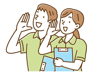 呼びかける介護士の若い男女