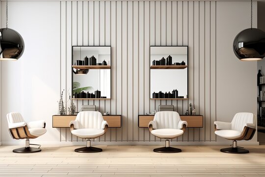 A modern, luxurious hair salon interior with white furniture, mirrors, and contemporary design elements.