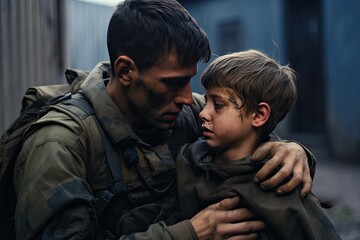 A brave soldier, a father, comforting his upset little son, expressing love and family closeness. - obrazy, fototapety, plakaty