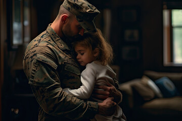 A soldier father in uniform reunites with his family, expressing love and joy after returning home. - obrazy, fototapety, plakaty