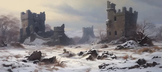 Papier Peint photo Gris Fantasy stone castle fortress long abandoned and in ruins - freezing cold winter snow mountain highlands - role playing RPG landscape painted scene.    