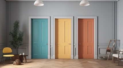 Interior of room with wooden door 3d rendering, Bright color. Generative Ai