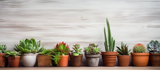 Various succulents and cacti in white pots on a wooden backdrop