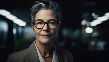 50 year old business woman wearing a suite and glasses in an office