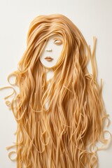 Naklejka premium A portrait of a young woman made of various types of pasta, and spaghetti, showcasing creative culinary food art and a unique approach to portraiture.