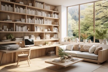 A white and wooden living room with bookshelves