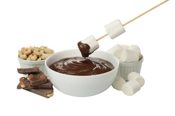 PNG, fondue, plate with chocolate and marshmallow, isolated on white background.