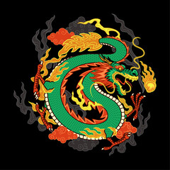 Agresssive Asian Fantasy Dragon Concept Hand Drawn Illustration