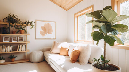 Fototapeta na wymiar Warm and minimalist interior spaces with vibrant houseplants and natural light