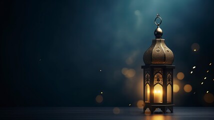 Fototapeta premium Ramadan kareem islamic mosque lantern with moon, Eid mubarak greeting, copy space with generative ai