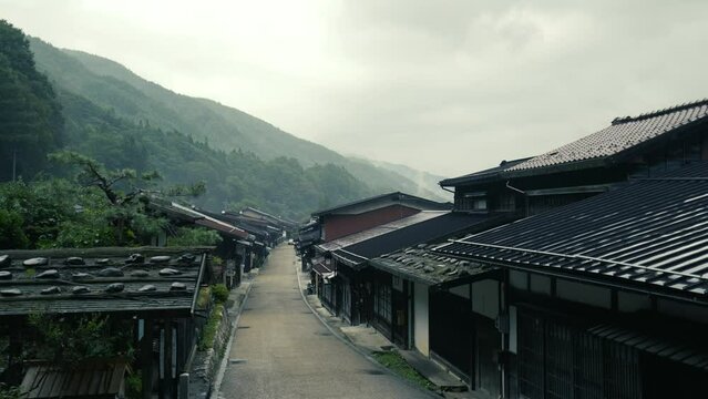 Old Village call &ldquo;Narai Juku&rdquo; Wooden ancient houses, shops and restaurant on lined up for more than 1 kilometer with nature mountain landscape, Shiojiri, Nagano, Japan