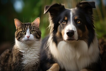 A cute border collie and a kitten lying together on the green lawn.