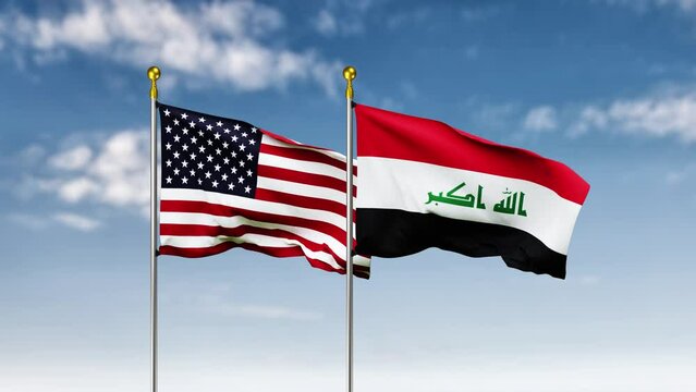 USA or america and iraq flag waving on sky background. 4K Highly Detail 3D Rendered video footage for national or government activity, patriotism and  social media content.