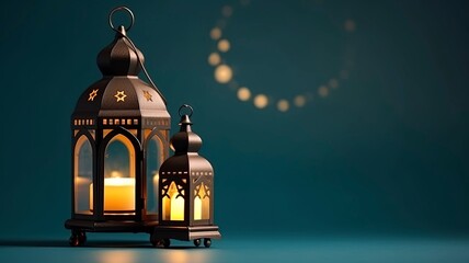 Obraz premium Ramadan kareem islamic mosque lantern with moon, Eid mubarak greeting, copy space with generative ai