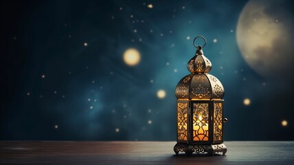 Ramadan kareem islamic mosque lantern with moon, Eid mubarak greeting, copy space with generative ai