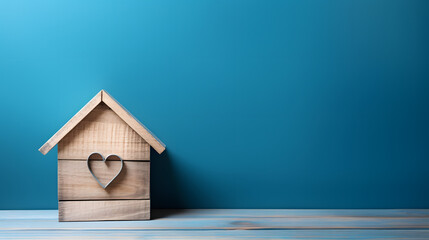 Obraz na płótnie Canvas Home sweet home, house wood with heart shape on wooden and blue background. generative ai.