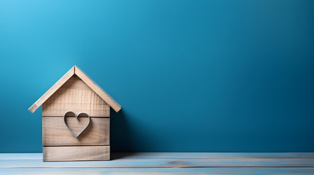 Home sweet home, house wood with heart shape on wooden and blue background. generative ai.