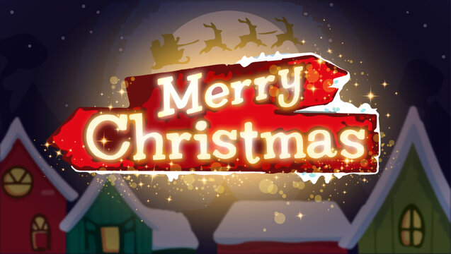 cartoon merry christmas on the red board on the moon dackground