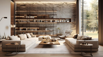 Interior of modern living room panorama 3d rendering. generative ai.
