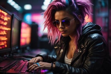 A beautiful smart informal hacker woman with bright dyed pink hair and wearing sunglasses, a black leather jacket works on a computer, hacks websites. Cybercrime, illegal actions concepts. - obrazy, fototapety, plakaty