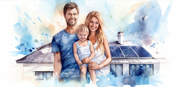 Solar Elegance: A Top-View Aquarelle of a Happy Family in Front of a Modern House with Solar Panels, Embracing Sustainable Living