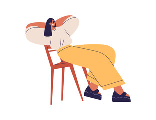 Young relaxed woman sitting back on chair, swinging, leaning on chairback. Carefree confident girl in seated open pose. Happy female resting. Flat vector illustration isolated on white background