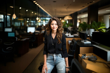 Fototapeta na wymiar Portrait of confident young Asian businesswoman sitting smiling looking at camera in the office. Concept Strong women show leadership. International Women's Day. March 8.