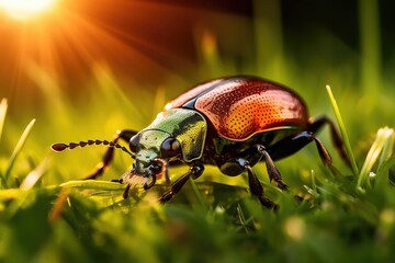 Naklejka premium A beetle sitting on top of a lush green field. Generative AI.